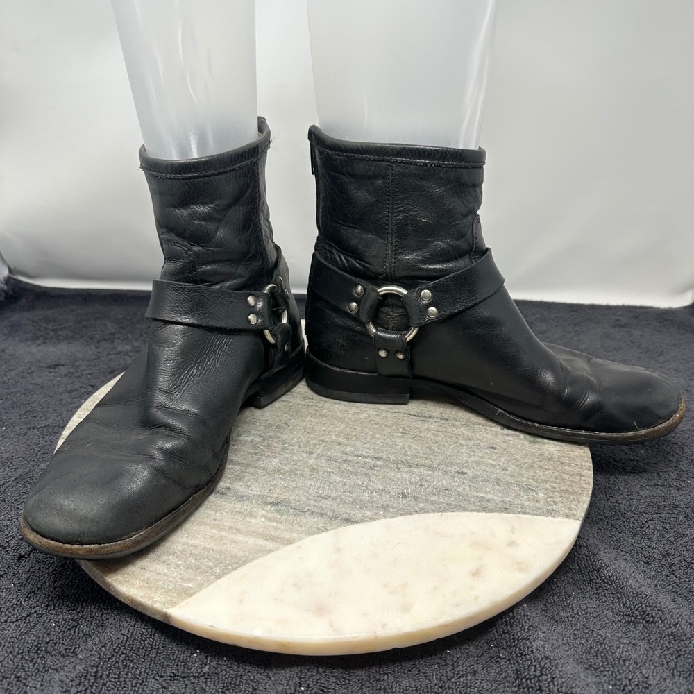 Frye Phillip Harness Short Black Leather Ankle Boots Womens 9B Moto Biker 76870